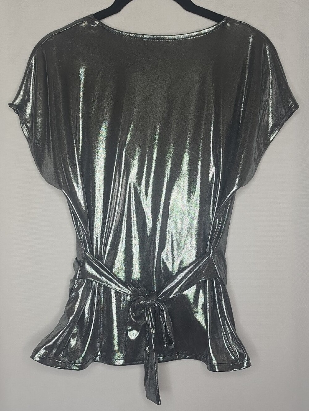 New York & Company 7th Avenue Metallic Silver Wrap Top M Back Tie Blouse - Picture 2 of 7